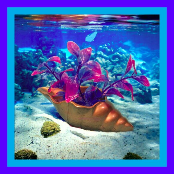 Aquarium Decoration - Gold Long Shell with Pink and Blue Plant. - Picture 1 of 6